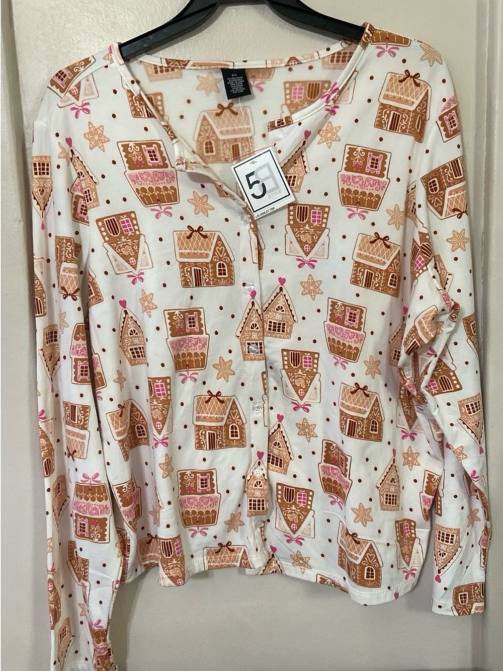 Women's Gingerbread House Print Pajama Top - White with Pink & Brown